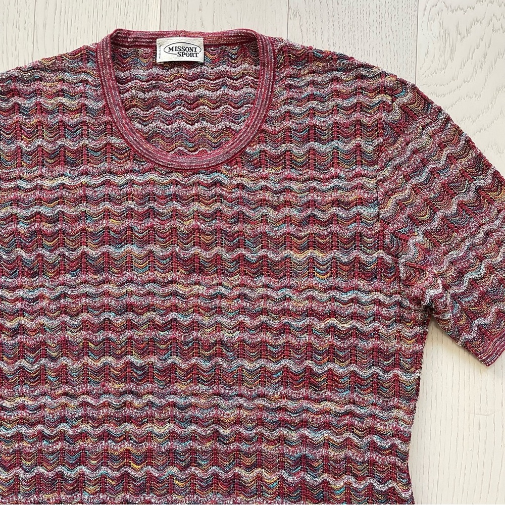 Vintage 80s Missoni Sport Zig Zag Geometric Knit Colorful Short Sleeve Shirt